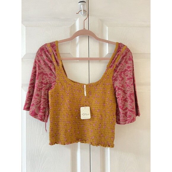 Free People Size Small Crop Cinched Marigold Top shirred body blouse Pink Sleeve - Picture 3 of 8
